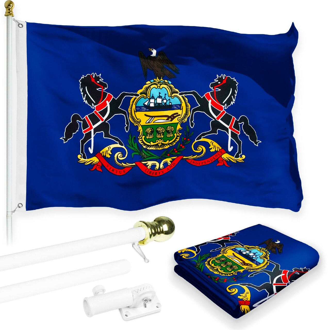 G128 Combo Pack: 6 Feet Tangle Free Spinning Flagpole (White) Pennsylvannia PA 3x5 ft Printed 150D Brass Grommets (Flag Included) Aluminum Flag Pole